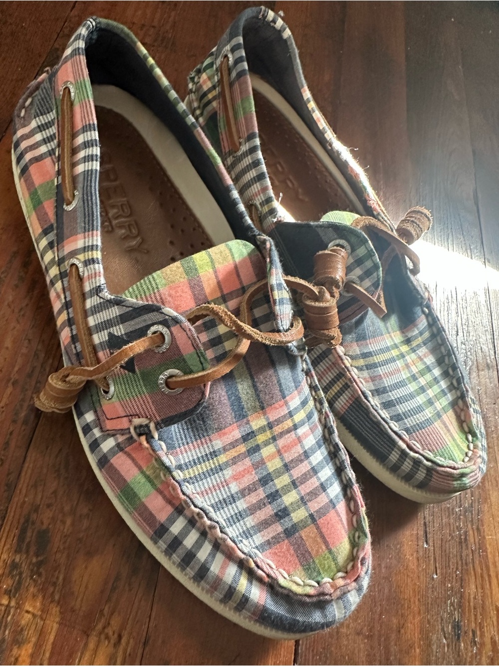 Sperry Multicolor Plaid Canvas Boat Shoes with Brown Laces